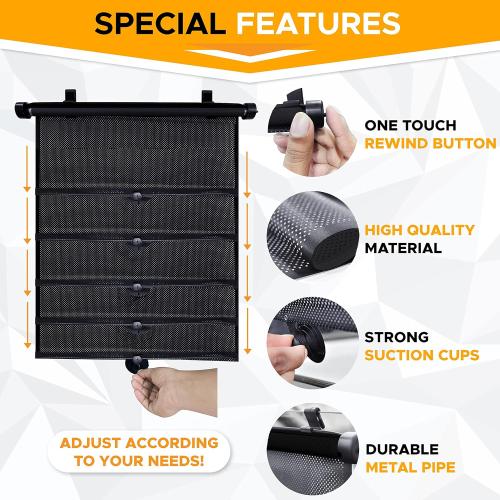 EcoNour Car Side Window Sun Shade (2 Pack) | Retractable Roller Sunshade for Kids | Baby Car Window Shades for UV and Sun Glare Protection | Baby Travel Accessories (15x17)