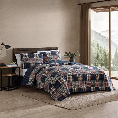 Eddie Bauer - Queen Quilt Set, Cotton Reversible Bedding with Matching Shams, Luxurious Bedding Set (Madrona Navy/Red, Queen)