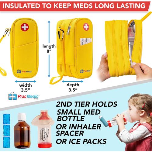PracMedic Bags Diabetes Travel Case- 2 Tier Epipen Carrying Case for Epi Pens or Epipen Trainer, Auvi Q, Inhaler & Spacer, Diabetic Supplies & First Aid - Insulated Medicine Travel Bag (Yellow)
