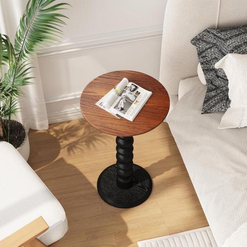 Solid Wood Round Side Table, Small Drink Table,Cocktail Table, Wooden Pedestal End Table, Plant Stand for Living Room, Bedroom，Office and Corners(Walnut/Black)