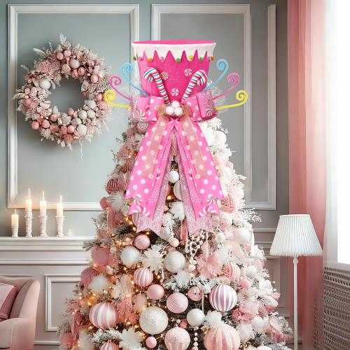 Candy Cane Christmas Tree Topper,Candy Cane Christmas Decorations,Velvet Pink Hat with Peppermint Bows Ribbon Ornaments,Top Hat Christmas Tree Topper for Holiday Xmas Decorations (Pink)