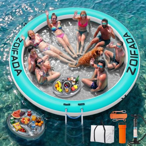 Inflatable Water Hammock Round Floating Ring,8/10/12FT Heavy Duty Pool Float for Adults,Inflatable Tanning Pool Float Island Dock for Lake/River/Ocean,w/Cup Holder,10FT&12FT Include 4-Step Soft Ladder