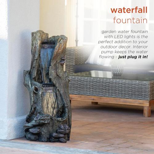 Alpine Corporation WIN258 Outdoor Rainforest Waterfall Tree Trunk Floor Fountain with LED Lights, Tiered Garden Decor, 41 H, Brown