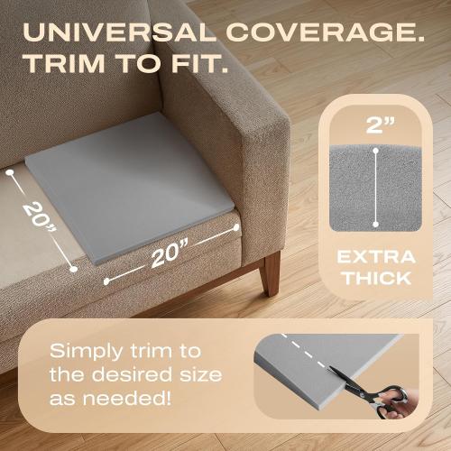 Couch Cushion Support for Sagging Seat, Couch Support for Sagging Cushions, Sofa Cushion Support, 3 Pack 20 x 20 x 2 Inch 45D High Density Foam Cushion Support, Non-Slip Stickers Included, Grey