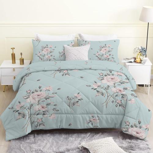 Beige Plant Comforter Full Size, Lightweight Gray Blue Floral Comforters Queen Size for All Season, Soft Microfiber Bedding Set 3 Pieces - 1 Reversible Comforter Duvet Insert   2 Pillowcases