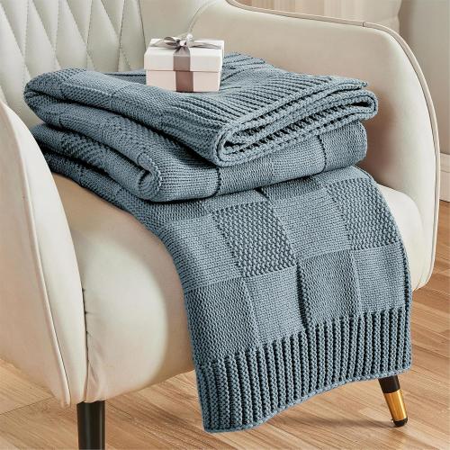 CozeCube Check Knit Throw Blanket, Dusty Blue Checkered Throw for Couch, Decorative Christmas Soft Cozy Warm Knitted Blanket for Bed Sofa Living Room, 60X80