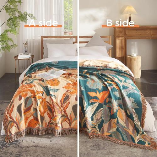 Size 90x98 Color Orange Boho Throw Blanket for Bed 90”x98”, 100% Cotton Woven Blanket for Couch Sofa, Ultra Soft 4-Layer Muslin Quilt with Floral Printed, Farmhouse Bed Blanket/Cover for Living Room Decor