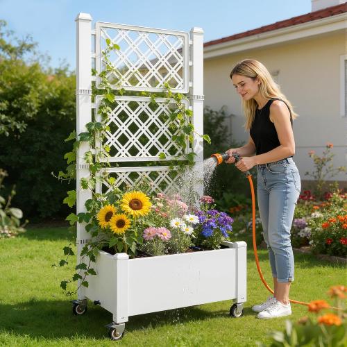 Miory 60 Raised Garden Bed with Trellis & Wheels, Vertical Gardening Planter Box with Water Level Indicator and Drainage System for Garden Outdoor Patio Balcony