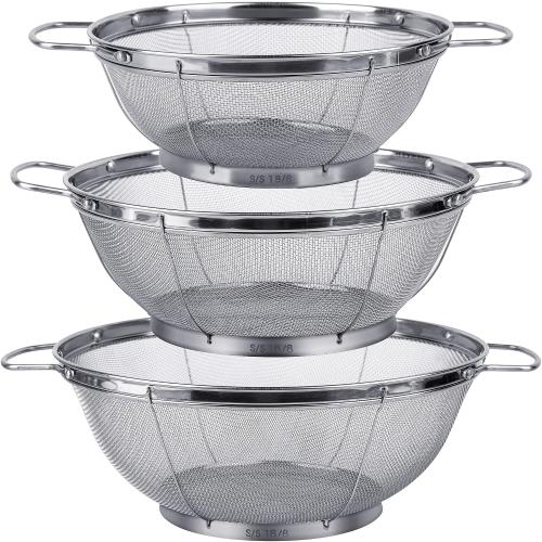3 Pack 18/8 Stainless Steel Colander Sieves(5-Quart, 4-Quart and 3-Quart), Mesh Strainer Net Baskets with Handles & Resting Base for Strain, Drain, Rinse or Steam