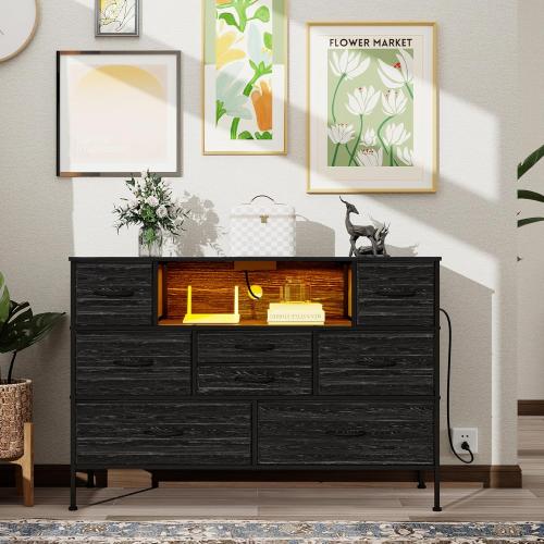 Charcoal black Wide Dresser with Charging Station and LED Light for Bedroom 8 Fabric Drawers Chest of Drawers with Power Outlet Storage Open Shelf for Living Room TV Stand Closet Hallway (Charcoal Black)