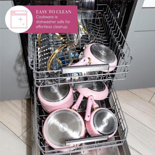 Paris Hilton Epic Nonstick Pots and Pans Set, Multi-layer Nonstick Coating, Tempered Glass Lids, Soft Touch, Stay Cool Handles, Made without PFOA, Dishwasher Safe Cookware Set, Pink