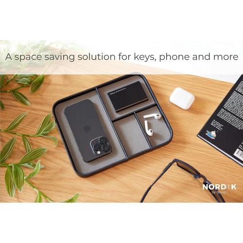 Size 9.5x7.9 Color Black Nordik Leather Valet Tray - Pebble Black - 9.5 x 7.9 Inch Medium Vegan Leather Tray - Stylish Nightstand Organizer for Men - Modern Bedside Caddy - EDC Catchall for Key Watch Wallet Jewellery
