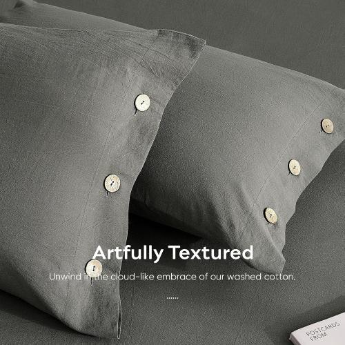 100% Washed Cotton Pillowcases, King, Button Closure
