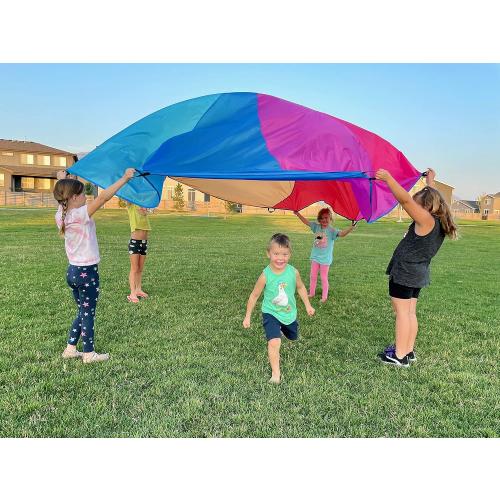 Parachute Toys for Kids with 8 Handles 12ft - Balls Included - Gym Class Rainbow Color Parachute for Cooperative Group Play - Waterproof and Reinforced Stitching