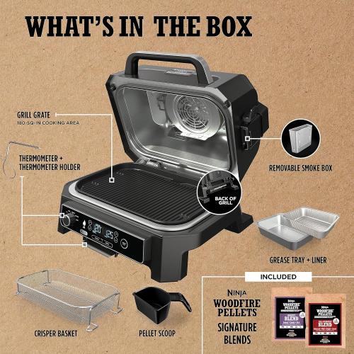 Ninja | Grill & Smoker | Outdoor Woodfire Pro XL | 4 in 1 Grill, BBQ Smoker, Air Fryer & Bake | Portable | Includes Built in Thermometer & 2 Woodfire Pellet Packs | Dark Grey | OG850