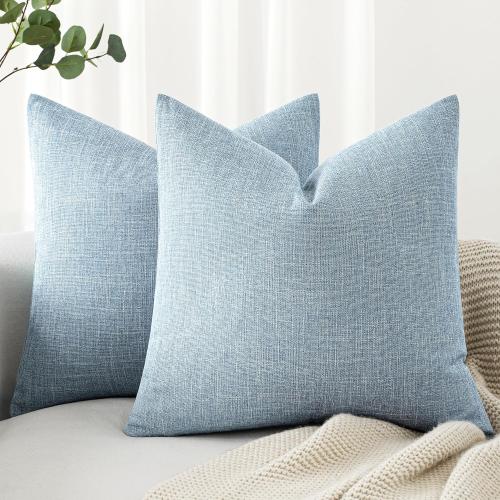 MIULEE Pack of 2 Linen Textured Pillow Covers, 18x18 Inch Light Blue