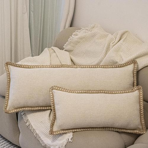 Burlap Linen Lumbar Pillow Cover 14 x 24 inch, Trimmed Tailored Edges Cushion Cover Farmhouse Modern Decorative Pillow Case Outdoor Decor, Oatmeal Beige, Pack of 1 (Cover Only)