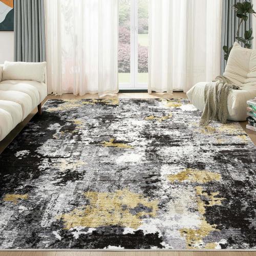 Washable Rug 8x10 Area Rugs for Living Room: Modern Abstract Neutral Soft Carpet for Bedroom Dining Room Under Kitchen Table Home Office Decor - Black Gold