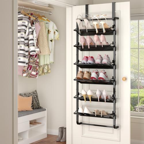 BUKFEN 6-Tier Adjustable Metal Shoe Rack, Over Door & Wall Mount Organizer
