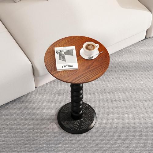 Solid Wood Round Side Table, Small Drink Table,Cocktail Table, Wooden Pedestal End Table, Plant Stand for Living Room, Bedroom，Office and Corners(Walnut/Black)