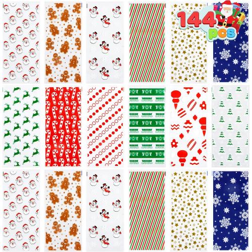 JOYIN 144 PCS Christmas Cellophane Bags with Ribbon for Holiday Treats, Christmas Clear Cello Gift Candy Cookie Bags for Party Favors, Festivals Presents, Party Supplies (11” X 5”)