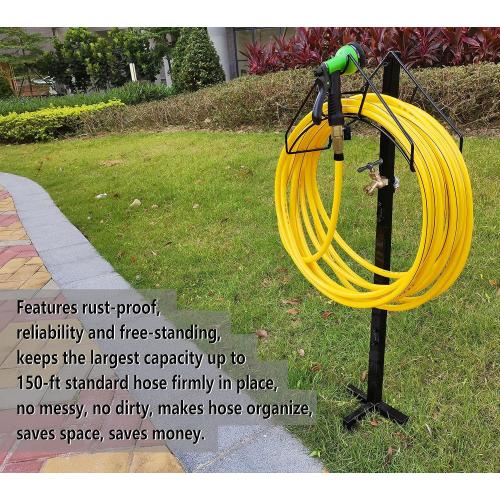 Freestanding Outdoor Garden Hose Holder Stand with Brass Faucet, Heavy Duty Metal Water Hose Reel Storage Stake Rack for Backyard, Black (Hose not Included)