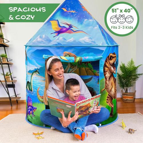 W&O Dino Paradise Play Tent with Roar Button, Dinosaur Toys and LED Lights - Epic Pop Up Tent for Boys & Girls - Perfect for Indoor & Outdoor Adventures