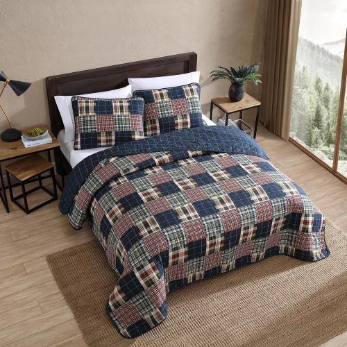 Eddie Bauer - Queen Quilt Set, Cotton Reversible Bedding with Matching Shams, Luxurious Bedding Set (Madrona Navy/Red, Queen)