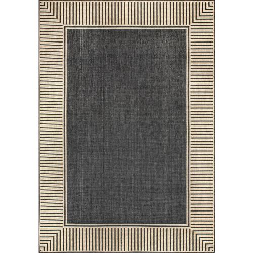 nuLOOM 2' x 3' Outdoor Area Rug, Casual Design With Striped Border, Stain Resistant, Highly Durable, For Patio, Balcony, Bedroom, Living Room, Dining Room, Bathroom, Dark Grey