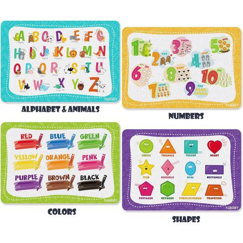 NiBaby Kids' Non Slip Educational Placemats Set of 4 Washable, Children's Interactive Placemats Foldable, Toddler Placemats for Learning Alphabet, Numbers, Shapes, Colors- Durable Reusable PU Leather