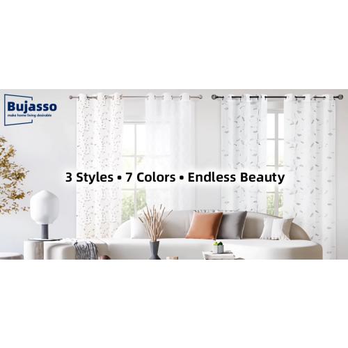 Bujasso Gold Linen Leaf Sheer Curtains Embroidered Floral Farmhouse Light Filtering Window Panels Botanical Sheer Drapes for Living Room Bedroom Grommet
