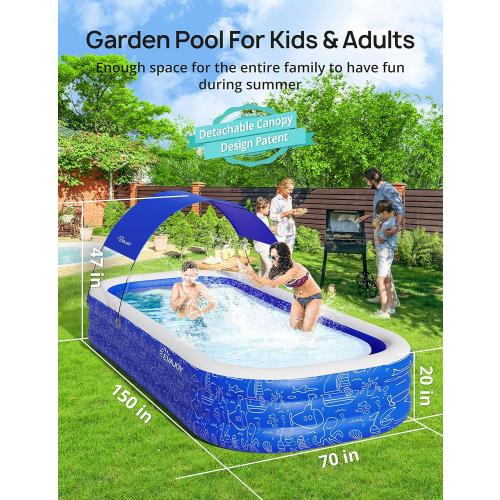 Large Inflatable Swimming Pool with Canopy, 150” x 70” x 20” Full-Sized Inflatable Pool for Kids & Adults, Kiddie Pool with Sun Shade, Blow Up Pool for Backyard, Garden, Age 3 , Blue