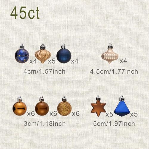 DecorbyHannah Mini Christmas Ornaments, 45ct Small Blue Copper Gold Christmas Tree Decorations, Assorted Tiny Celestial Shatterproof Plastic Decorative Hanging Ball Bulk Set for Xmas Home Table Decor