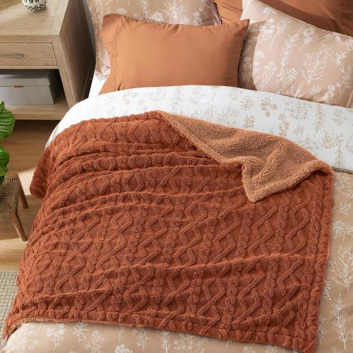 Bedsure Gentlesoft Sherpa Fleece Throw Blanket for Couch - Fluffy & Cozy Cable Jacquard Tufted Throw for Women Gift, Thick and Warm Christmas Blanket for Winter, Orange, 50x60 Inches