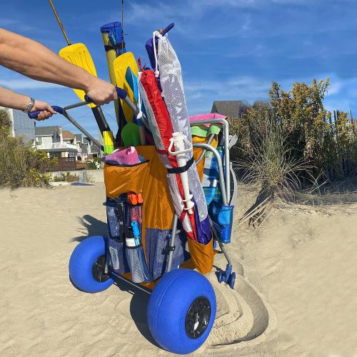 Beach Cart with Big Balloon Wheels for Sand, Foldable Storage Wagon with 13 Inch Beach Tires (Pump Included) (Orange)