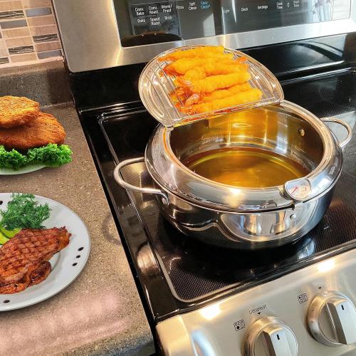 Deep Fryer Pot (°C), 11/4.4Qt (4.2 L) Extra Large Tempura Frying Pot with Lid, 304 Stainless Steel Fry Pot with Temperature Control and Oil Drip Drain Rack