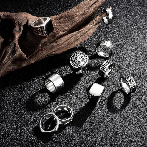 MEDOJO 10 Pcs Men's Stainless Steel Vintage Signet Ring Square Pinky Thumb Chunky Thin Band Ring Vintage Biker Band Rings Set 7-13