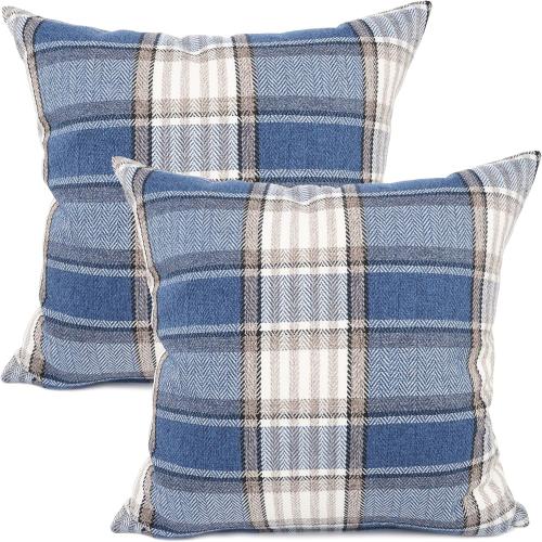 YOUR SMILE Retro Farmhouse Outdoor Buffalo Tartan Chequer Plaid Cotton Linen Decorative Throw Pillow Case Cushion Cover Pillowcase for Sofa,Set of 2,Blue/Stripe