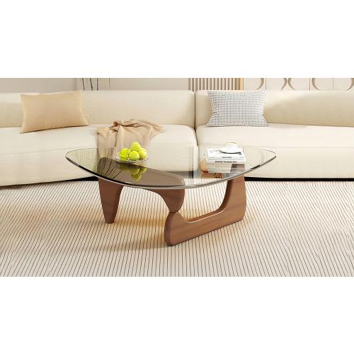 Triangle Coffee Table in Walnut Mid Century Modern Solid Wood Base and Triangle Clear Glass Coffee Table for Living Room Low Minimalist Tea Table Coffee Tables (36 * 25.6 * 16, Black Transparent)