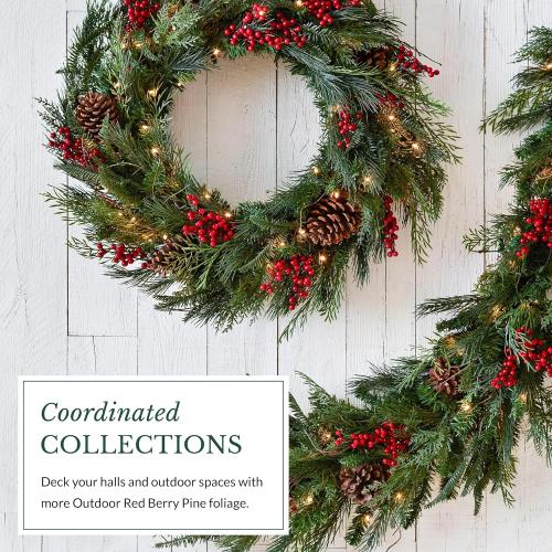 Balsam Hill Outdoor Red Berry Pine Christmas Garland - Fresh Traditional Greenery Garland with Natural Elements & Battery-Operated LED Clear Lights for Indoor and Outdoor Holiday Decorating, 6'