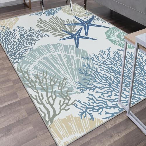 Tritard Coastal Area Rugs Nautical Beach Themed Non-Slip Machine Washable Rugs Modern Floor Carpet for Living Room Bedroom, 6x9, Blue
