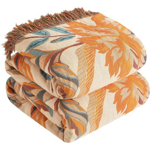 Boho Throw Blanket for Bed 90”x98”, 100% Cotton Woven Blanket for Couch Sofa, Ultra Soft 4-Layer Muslin Quilt with Floral Printed, Farmhouse Bed Blanket/Cover for Living Room Decor