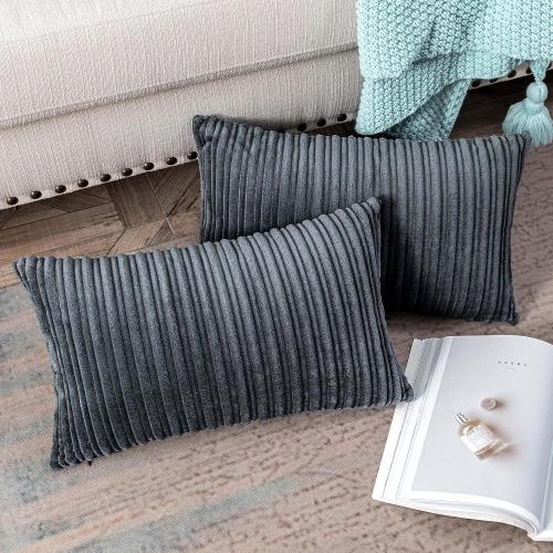 UGASA Velvet Pillow Covers Striped Decorative Throw Pillow Cover Cushion Case with Hidden Zipper for Home Couch/Bedroom/Car, Soft Cozy Solid Oblong, 1 Piece (12x20, Dark Grey)