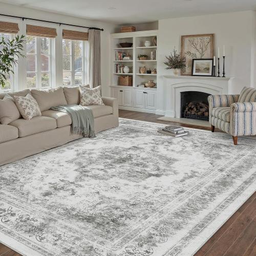 PureCozy Washable Rug 9x12 Area Rug for Living Room Gray Vintage Boho Medallion Large Grey Distressed Retro Carpet Non Slip Indoor Low Pile Small Soft Bedroom Dining Room Home Office