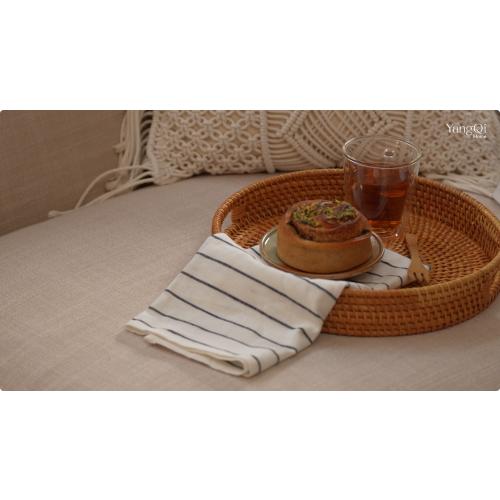 YANGQIHOME Rattan Round Serving Tray, Decorative Coffee Table Tray, Hand Woven Serving Basket with Handles, Ottoman Wicker Fruit/Bread Serving Basket, 13.8 inch