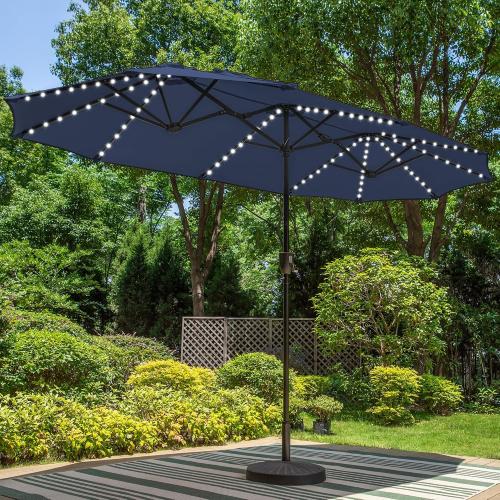 PHI VILLA 13ft Patio Umbrella w/ 120 PCS Color Changing Solar Lights, Navy | Outdoor Triple-Head Large Rectangle/Rectangular Solar-powered Market Table Umbrellas, w/ Crank Lift, for Poolside(No base)