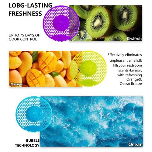 Urinal Screen Deodorizer 12 Pack,75-Day Fresh,Double-Sided Anti-Splash | Urinal Cakes,Anti-Splash & Anti-Clog,Ocean Breeze/Mango/Kiwi,Long-Lasting Freshness,Odor Control with Gloves for Men Bathroom