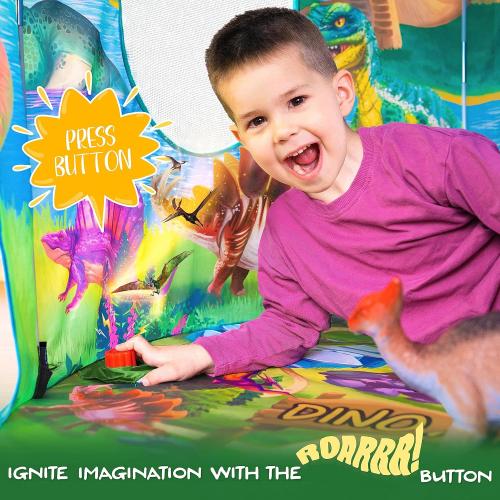 W&O Dino Paradise Play Tent with Roar Button, Dinosaur Toys and LED Lights - Epic Pop Up Tent for Boys & Girls - Perfect for Indoor & Outdoor Adventures
