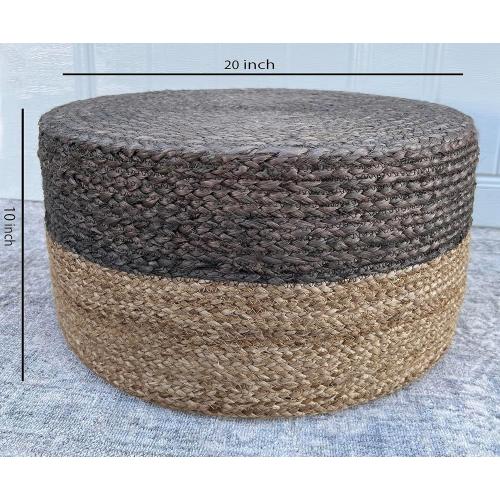 S & L Homes Pouf Ottoman - 100% Jute Braided Footrest Pouf Hand Knitted Traditional Cord Boho Pouffe for Living Room, Bedroom, Nursery, Patio, Lounge Colorblock - Natural Brown (20”x20”x10”)