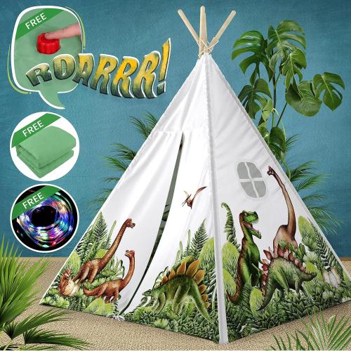 W&O Dinosaur Discovery Teepee with Roar Button, LED Lights & Plush Mat - The Most Stable Teepee - Never Collapses with Rowdy Playtime